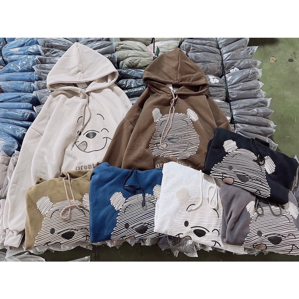 Áo hoodie nỉ bông Gấu kẻ sọc tay bồng form rộng mũ 2 lớp chất dày dặn