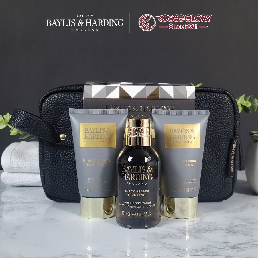 Túi quà 3 món chăm sóc da cao cấp dành cho nam - hương tiêu đen và nhân sâm Baylis & Harding Signature