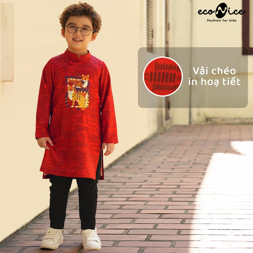 Áo dài tết cách tân bé trai, bé gái Econice con rồng màu đỏ. Size trẻ em 4, 5, 6, 7, 8, 9, 10 tuổi