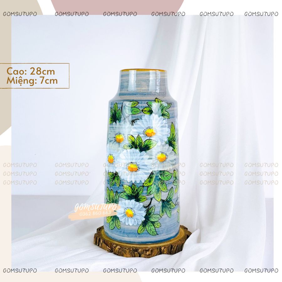 Lọ hoa vẽ thủ công hoa Sen Trắng Hoa Cúc decor trang trí để bàn gomsutupo Gốm Sứ TUPO Bát Tràng
