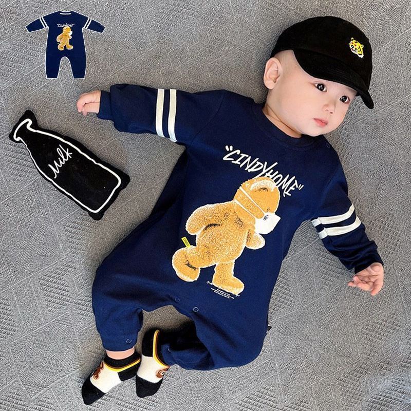 Áo Liền Quần Cotton Tay Dài In Hình Gấu Hoạt Hình Dễ Thương Thời Trang Xuân Thu Cho Bé Sơ Sinh