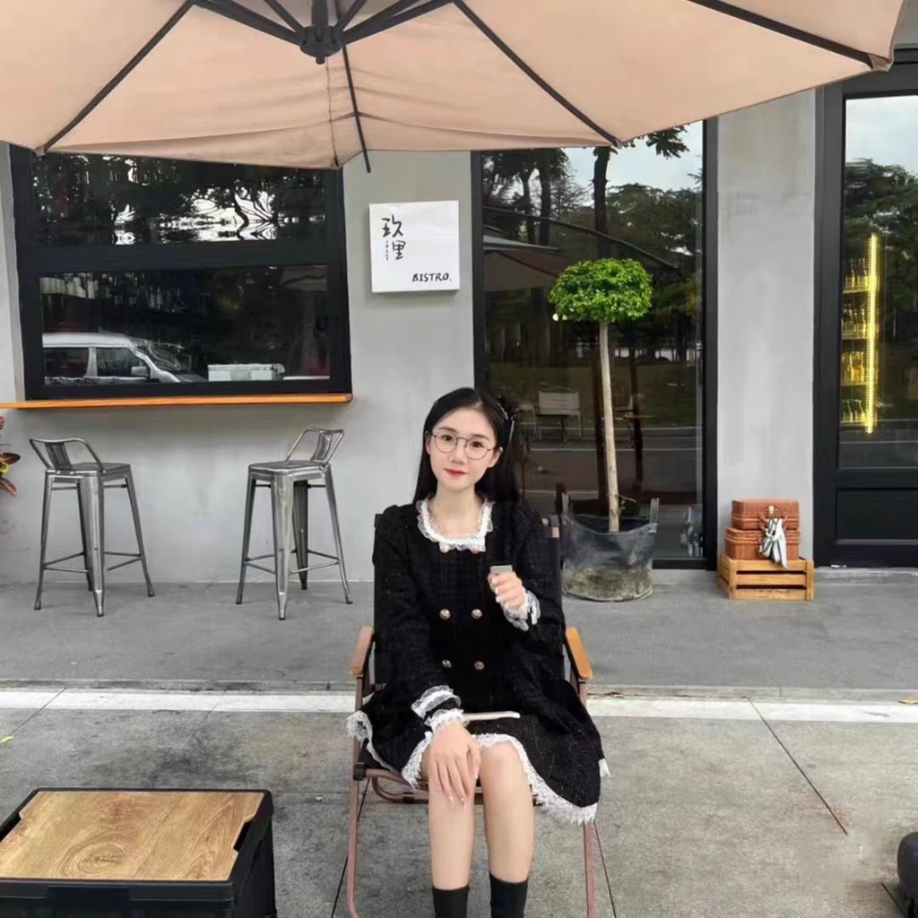 Xiaoxiang Đầm Ngắn Mùa Thu Hai Hàng Nút Cài Tay Dài Phối Màu Tương Phản Phong Cách Mới Cho Nữ