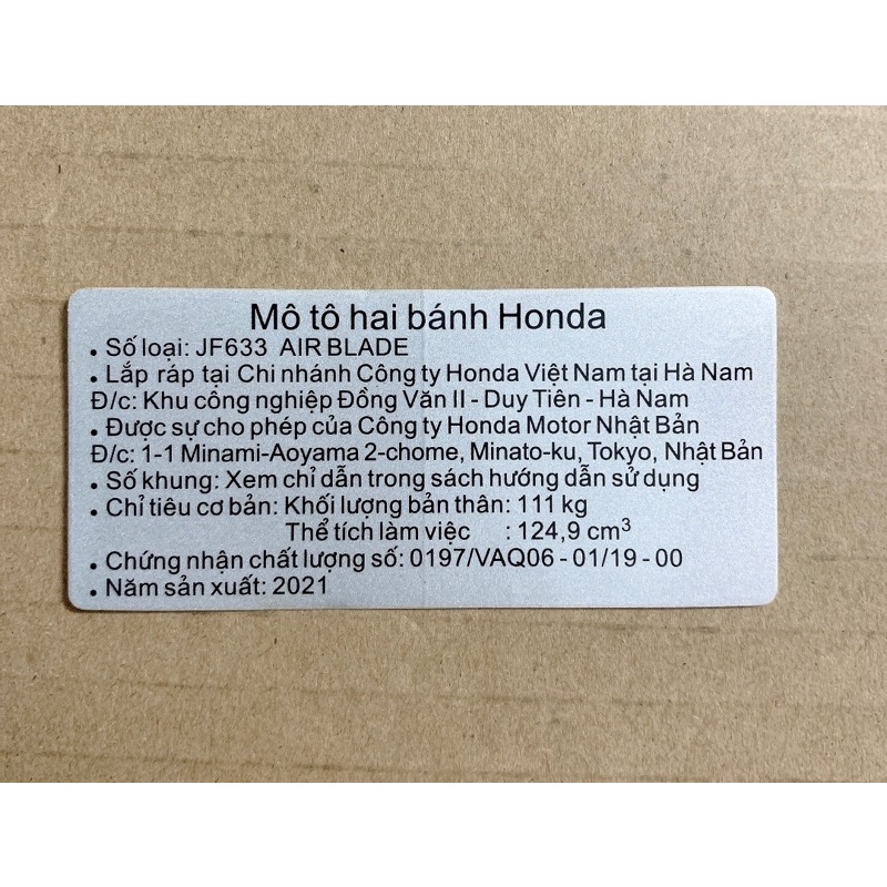 Tem năm sản xuất 2021 các dòng xe Honda .. Tem zin chuẩn hãng honda