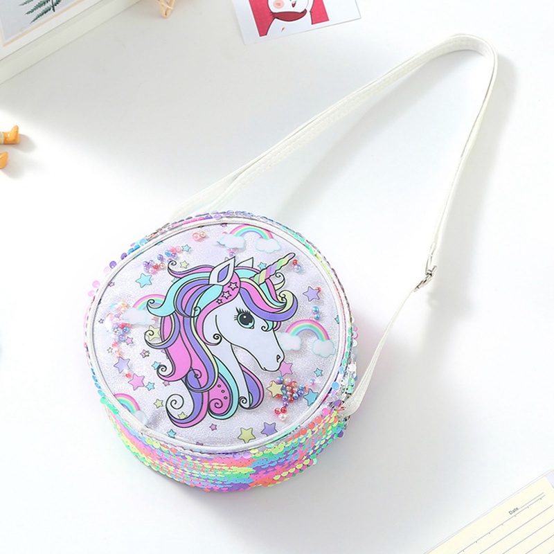 Túi Xách Đeo Vai Hình Tròn Màu Cầu Vồng Họa Tiết Kỳ Lân Lấp Lánh Dễ Thương Cho Bé Gái