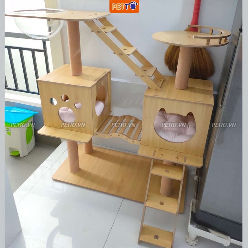 Nhà cây cho mèo PETTO bằng gỗ KÈM LỒNG KÍNH xinh xắn tháo lắp dễ dàng BẢO HÀNH 1 NĂM dành cho 1- 3 bé mèo CH013_G