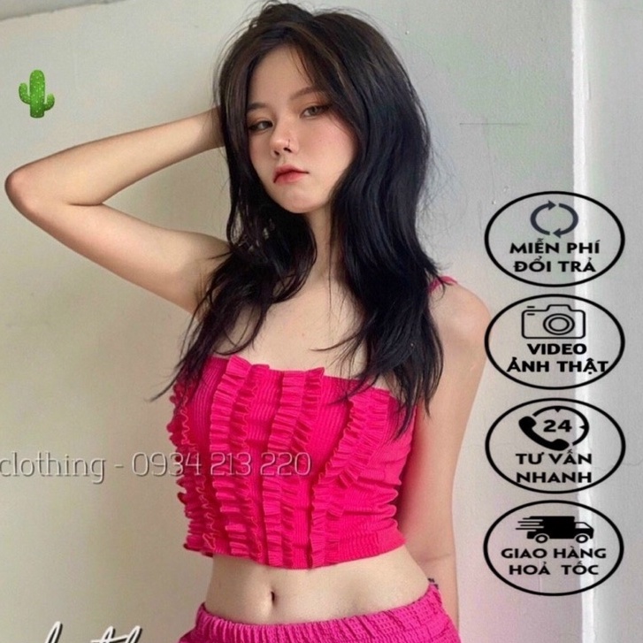 Áo 2 dây phối bèo tiểu thư chất gân co giãn, thời trang mùa hè