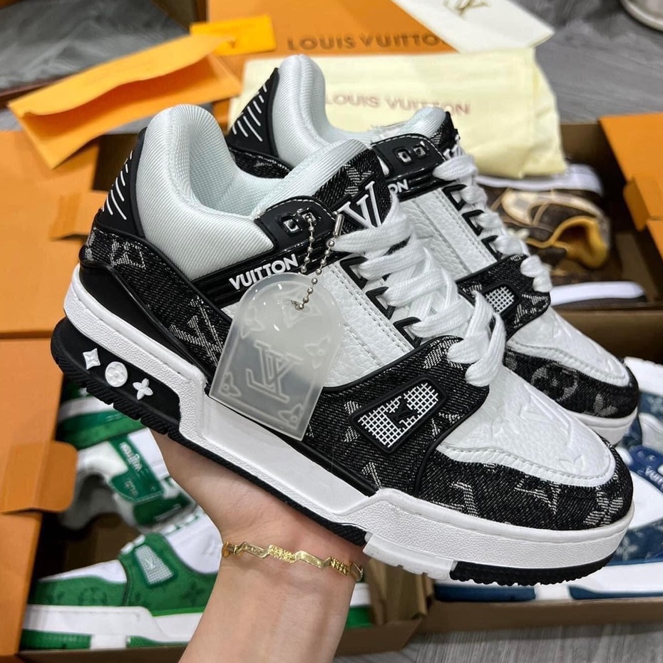 Giày LV Louis Vuitton Trainer Black White, Giày Sneaker LV Nam Nữ Mẫu Mới Hot Hit 2 Phiên Bản Màu Sắc Hàng Cao Cấp