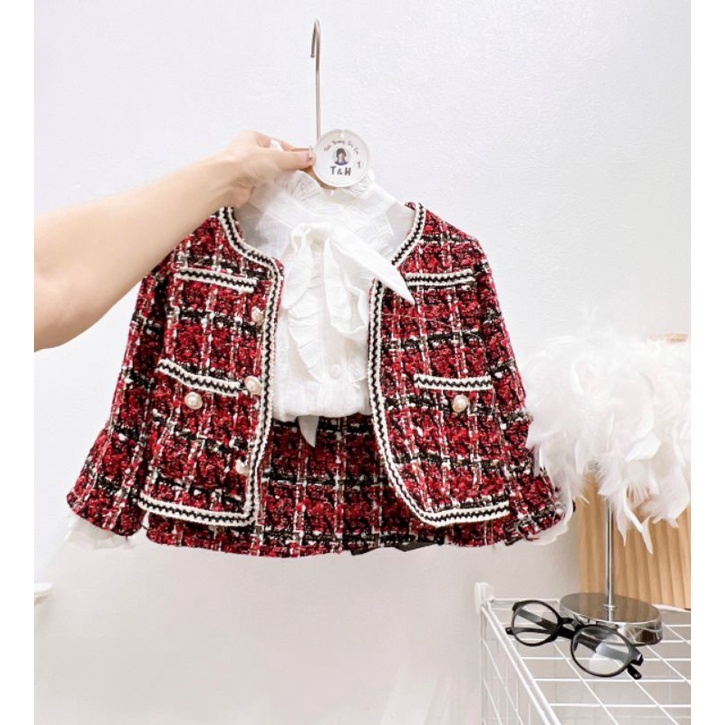 Set 3ct áo váy dạ kèm somi nơ xinh xắn bé gái