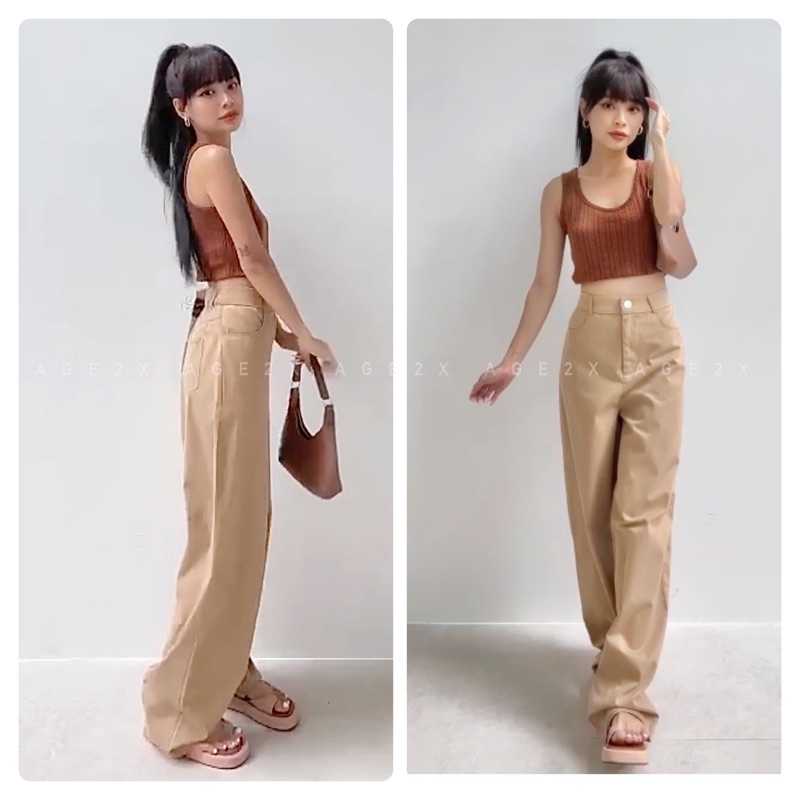 Quần ống rộng suông nữ lưng cao khóa trước 1 khuy vải kaki cotton mềm mát chính hãng AGE2X