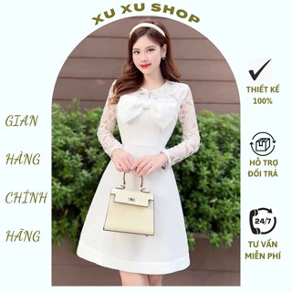 Váy dạ trắng gắn nơ phối ren sang trọng - XU XU SHOP - Đầm dự tiệc nữ thiết kế thu đông phù hợp công sở, ăn cưới