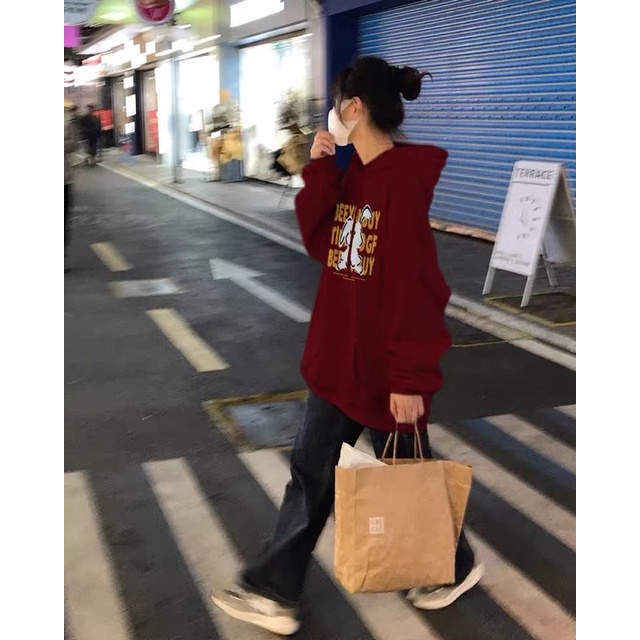 Áo Hoodie Nỉ Bông Màu Đỏ Đô Tay Dài Túi Bụng Hoạ Tiết Thỏ Con