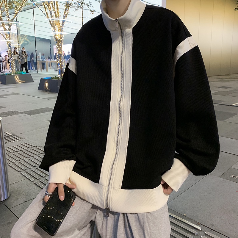 Áo Khoác Dệt Kim Dáng Rộng Phối Khóa Kéo Đôi Màu Sắc Trẻ Trung Phong Cách Hàn Quốc Cho Nam