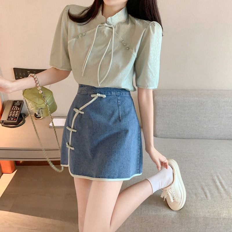 Set Áo Sườn Xám Cách Tân Tay Phồng + Chân Váy Denim Thời Trang Dành Cho Nữ