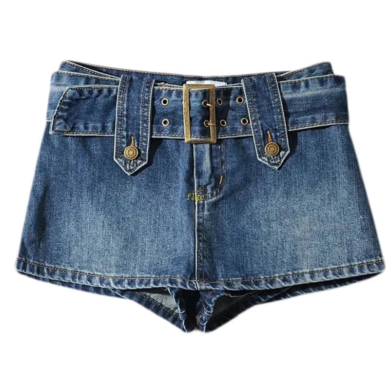 Flgo Chân Váy Jean Xanh Dương Mini Lưng Vừa Cài Nút Phong Cách Harajuku Cổ Điển Có Khóa Kéo Cho Nữ