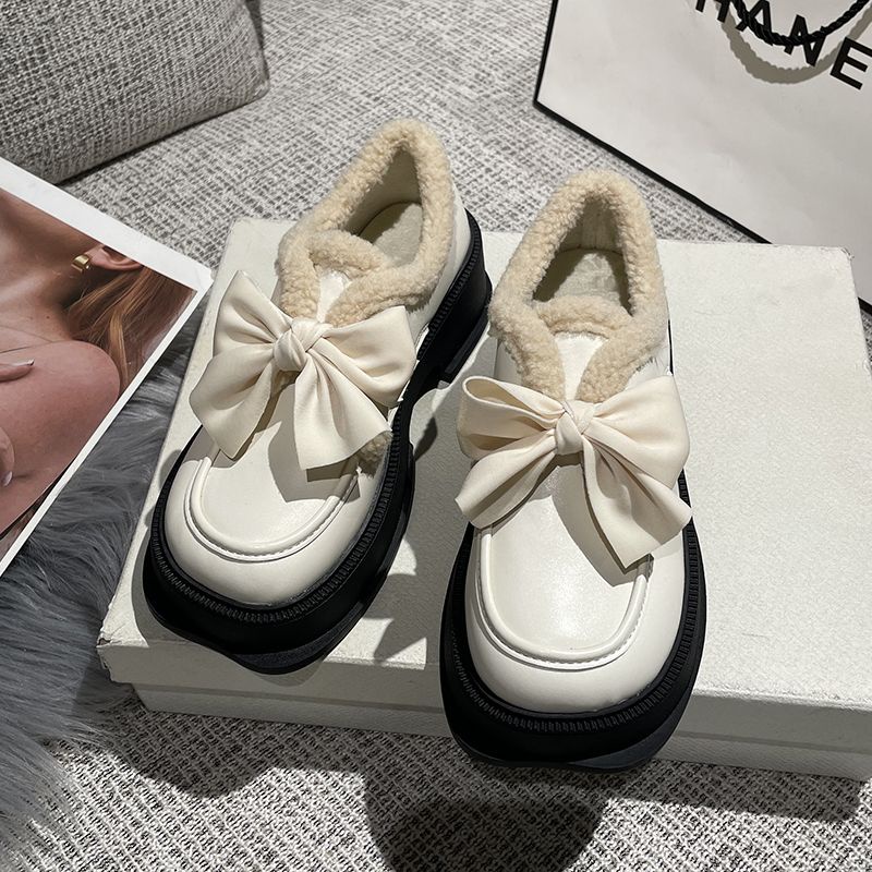 Giày Lười Da Lót Lông Cừu Đế Dày Đính Nơ Thời Trang Thu Đông