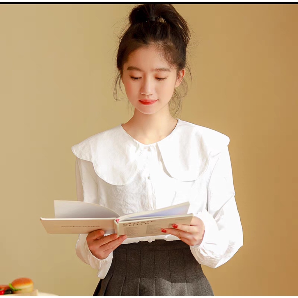 Áo sơ mi trắng nữ babydoll cổ hoa tiểu thư form rộng ulzzang phong cách Hàn quốc phù hợp đi học, đi chơi, đi làm