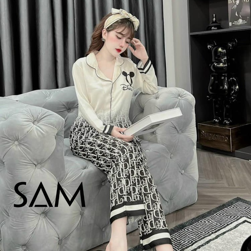 Đồ ngủ nữ, pijama lụa xước tay ngắn quần dài hoạ tiết, TMShop