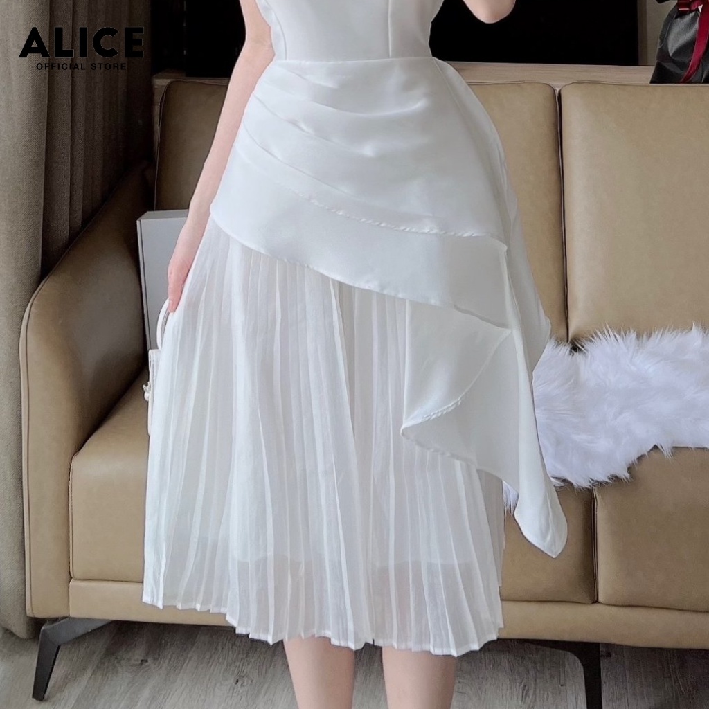 Đầm Dự Tiệc Thiết Kế Tiểu Thư Cổ Vuông ALICE Chất Vải Tafta Cao Cấp Phối Tơ Thiết Kế Tay Cánh Tiên Phối Dập Ly V790