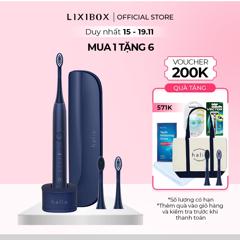 Combo Bàn chải đánh răng điện Halio - Midnight Blue & set đầu bàn chải thay thế