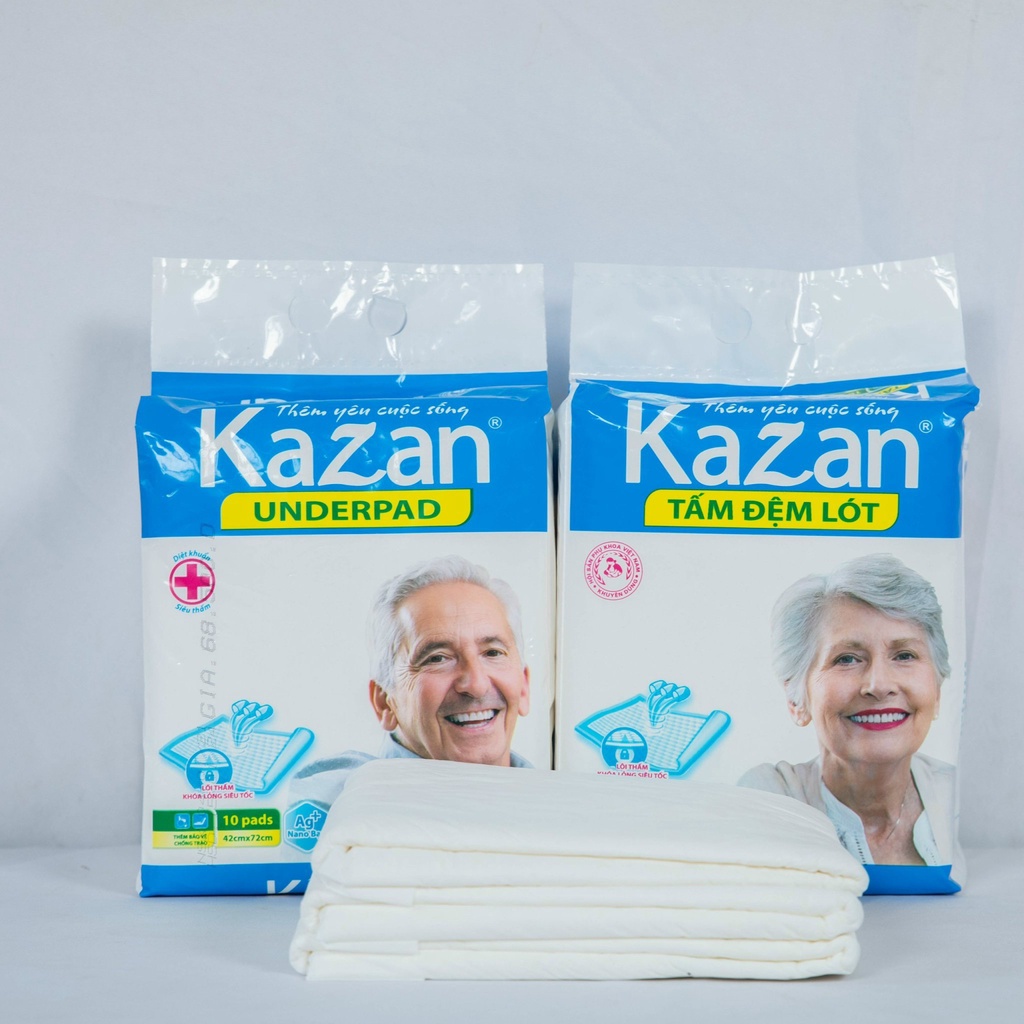 Tã dán Kazan người già size M/L10 ( 78-115cm ) , L/XL 10 ( 86-135cm ) , Tấm đệm lót Kazan 10 miếng ( 42cm x 72cm )