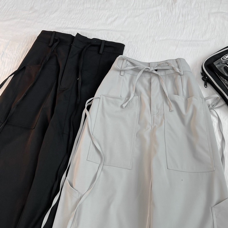 Quần Dài Ống Rộng Nữ dây rút túi KAKAO màu ĐEN/XÁM vải kaki lụa mềm Lưng Thun Phong Cách Ulzang - July7storee