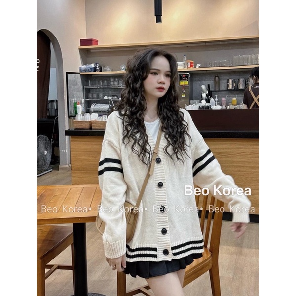 Áo khoác len cardigan nữ sọc viền tay hàng Qc mẫu mới thu đông 2022