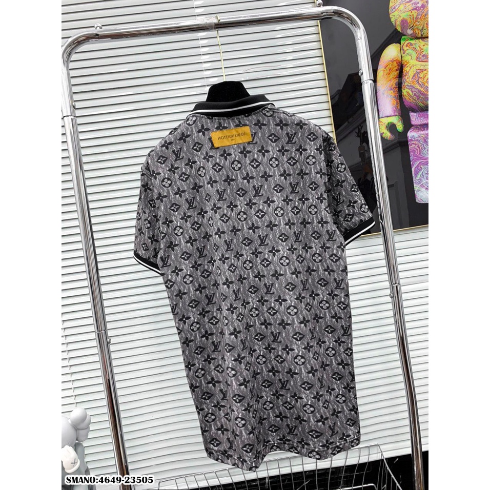 Áo Polo Nam LV Loang Vải Mát Mịn - Áo Phông Cổ Bẻ Nam Logo Hoa Đen Viền Trắng