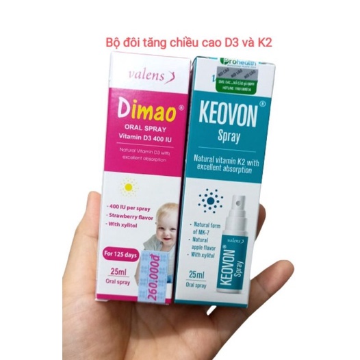 (Chính hãng) Combo xương chắc khỏe, trẻ thêm cao Vitamin D3 Dimao và Vitamin K2 KEVON Dạng xịt