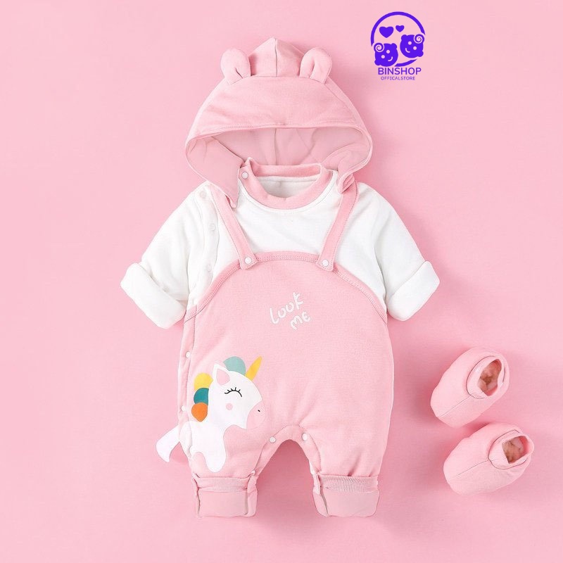 Bodysuit cho bé dài tay kèm mũ HÌNH HỔ ấm áp, body NỈ BÔNG cho bé trai bé gái mẫu quần áo sơ sinh cho bé 0-12M