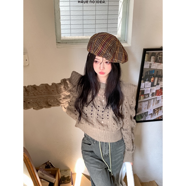 ZHELIHANGFEI Áo Sweater Dệt Kim Tay Phồng Lưng Cao Thời Trang Quyến Rũ Cho Nữ