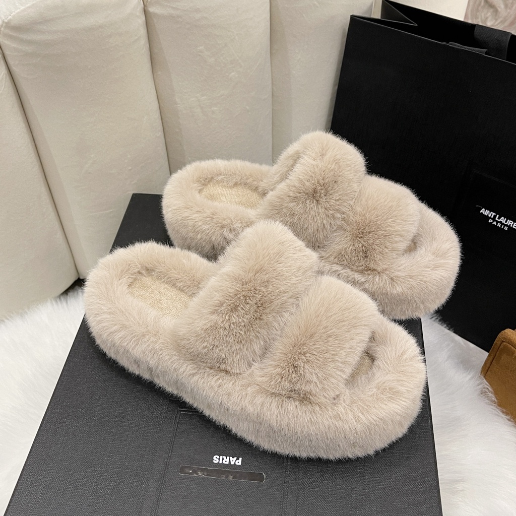 Dép lông đi trong nhà,dép bông nữ thời trang đế cao 5cm Dép Bông Quai Ngang Phủ Lông dép bông ra ngoài cao 5p