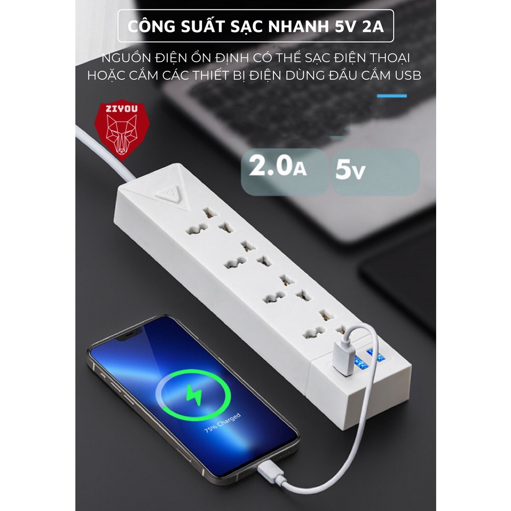 Ổ Cắm Điện Đa Năng Thông Minh Ziyou Chịu Tải 2500W, Có Cổng USB 5V Sạc Nhanh, Vật Liệu Nhựa ABS Chống Cháy Nổ Dây 2,5M