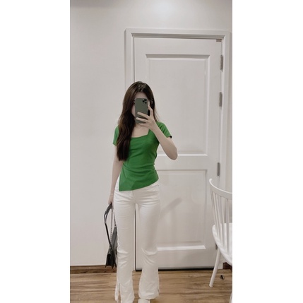 Áo croptop kiểu tay ngắn xẻ tà màu trơn co dãn, Áo thun cổ vuông croptop cá tính phong cách Hàn Quốc