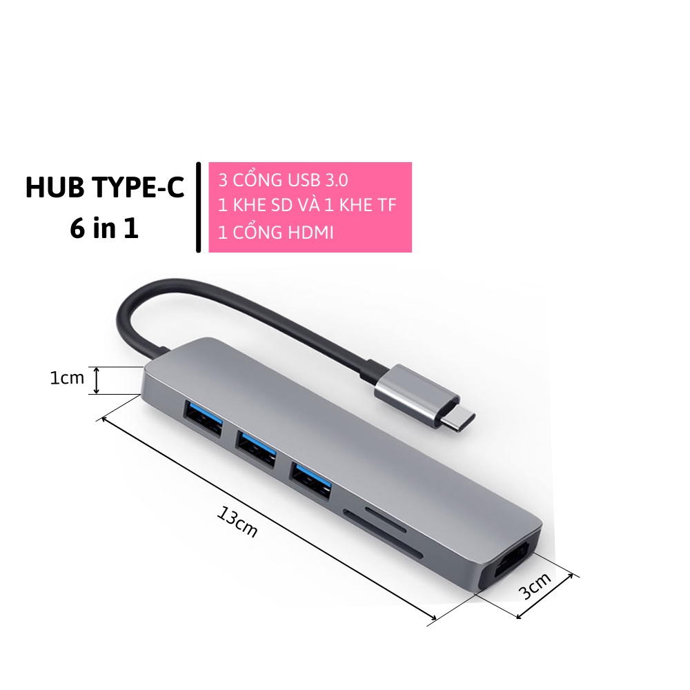 [Mã SKAMSALE0123 giảm 10% đơn 200k] Hub USB Type C Hub Type C 6 in 1 to SD Card/ TF Card/ 3 cổng USB/ 1 HDMI 4K
