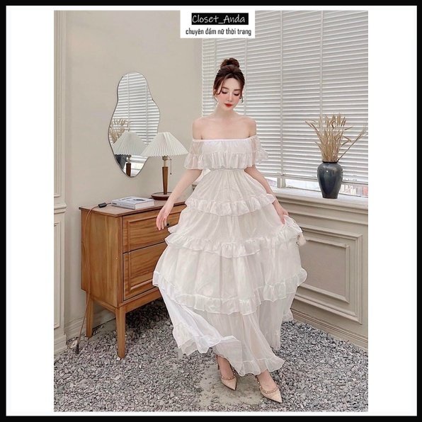 Đầm maxi trễ vai bèo tầng 💓FREESHIP💓 váy nữ dáng xòe hở vai tiểu thư đi biển