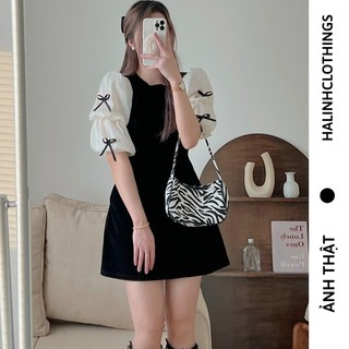 Váy nhung nơ tay lỡ size S/M màu đen