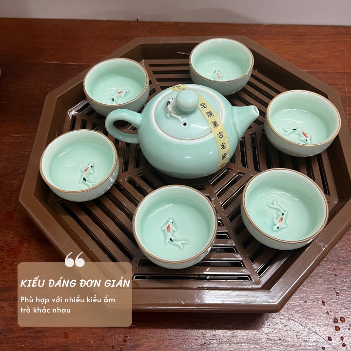 Bộ Ấm Chén Hình Cá 3D Màu Xanh Thiên Nhiên Làm Từ Men Tự Nhiên kèm khay nhựa giả gỗ
