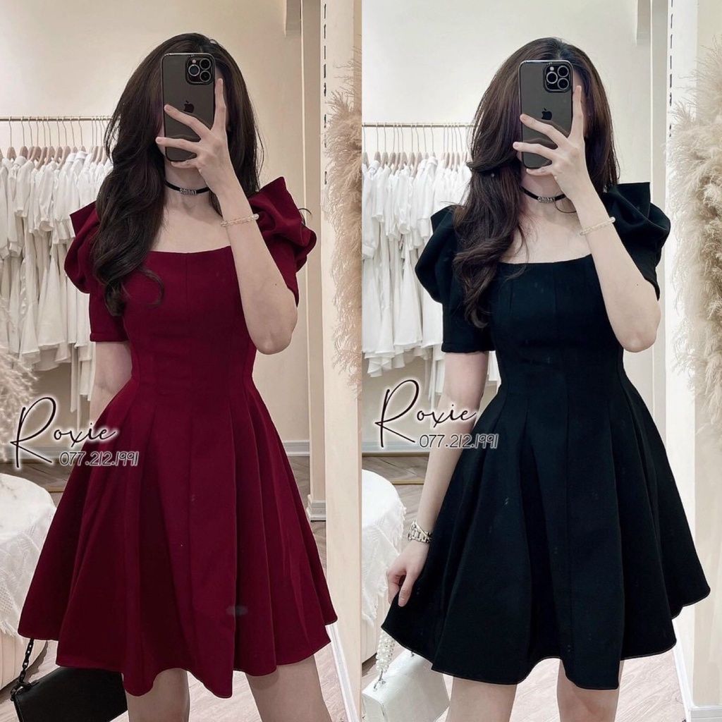 Váy Đầm Nữ Chất Vải Cotton Lạnh Cổ Vuông Tay Phồng ( Có Mút Ngực ) Thiết Kế Sang Chảnh Đi Làm Công Sở, Dạ Hội Và Du Lịch
