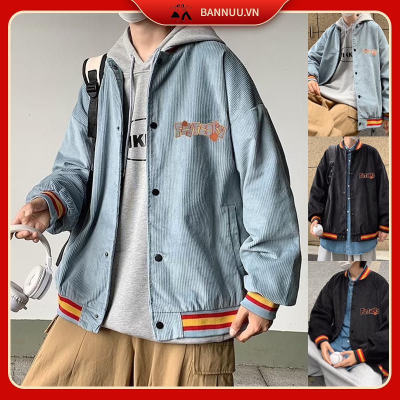 Áo Khoác Bóng Chày Dáng Rộng áo khoác nam In Chữ Đơn Giản nhung tăm bomber jacket Phong Cách Hàn Quốc Thời Trang áo khoác bomber Nam Nữ
