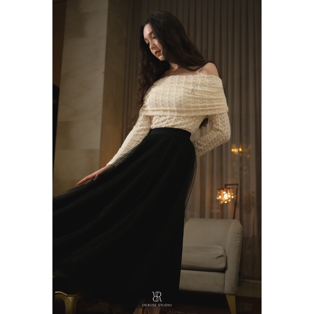 CHERRIE TOP - Áo hở vai trắng be tay dài ôm dáng