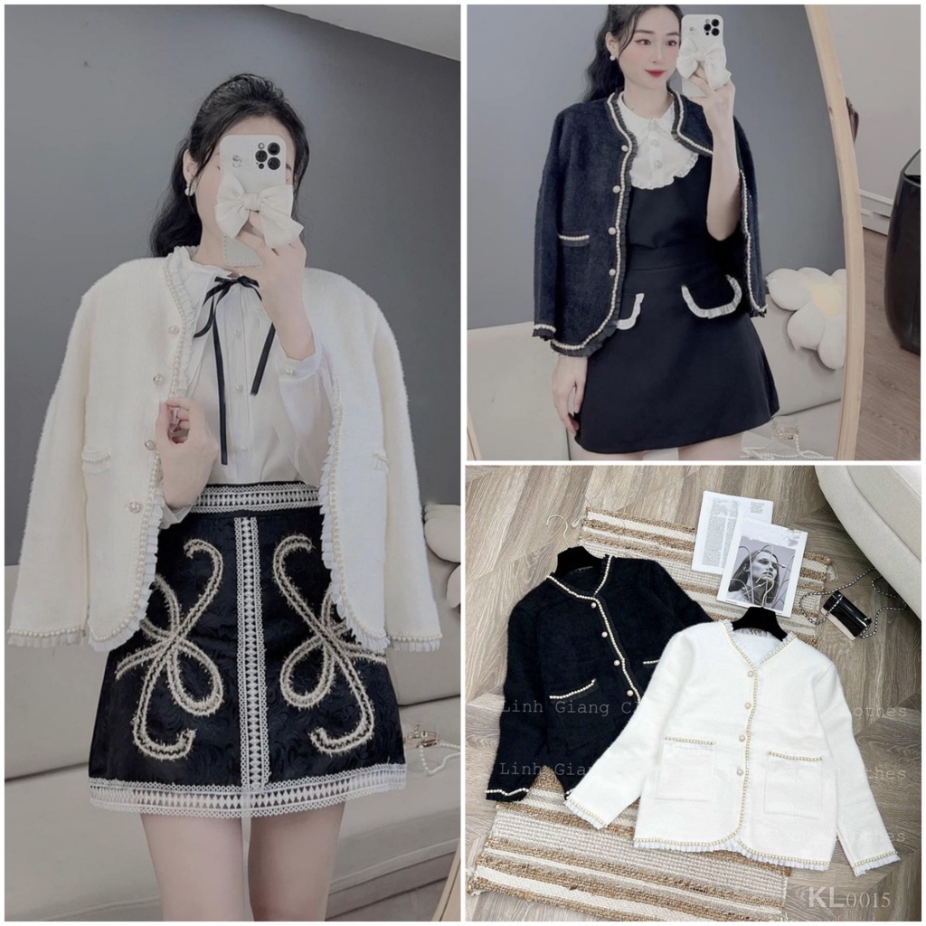 áo khoác nữ thu đông 2 lớp, áo khoác lông viền dạ cúc ngọc mặc xinh xắn kèm ảnh thật phía sau