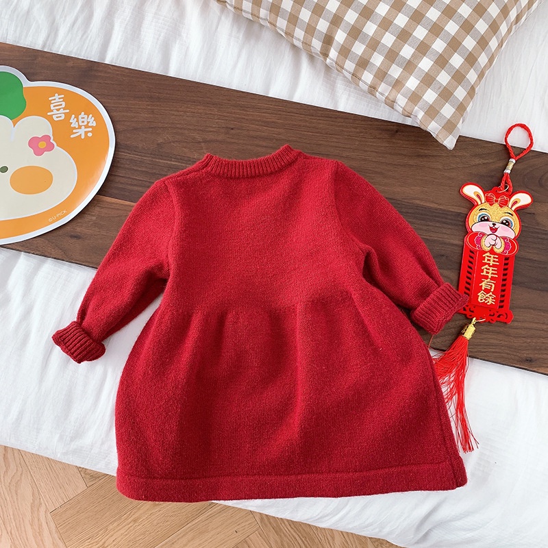 Áo Sweater Dệt Kim Dáng Chữ A Thêu Hình Chú Thỏ Dễ Thương Phong Cách Hàn Quốc Thời Trang Năm Mới Cho Bé Gái