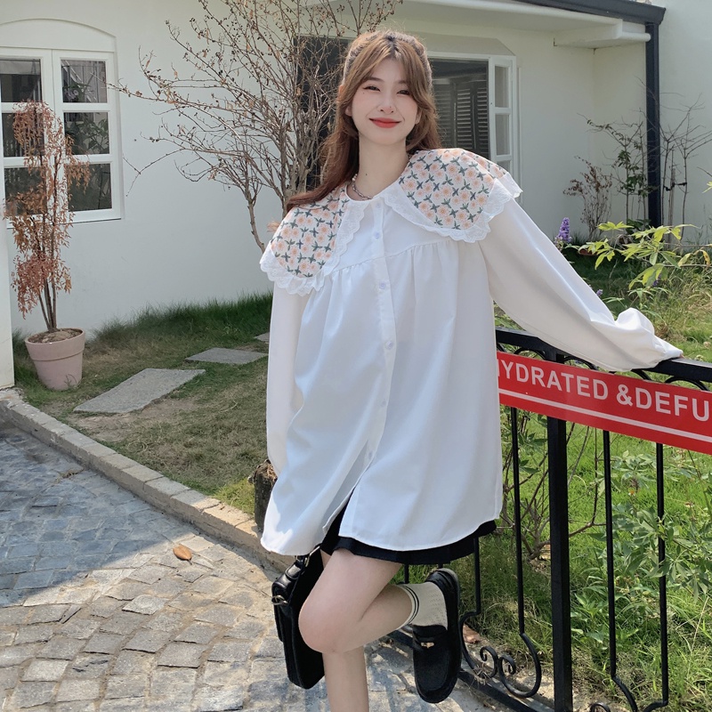 Áo sơ mi SUXI dài tay cổ búp bê họa tiết hoa dễ thương phong cách Hàn Quốc thời trang mùa thu dành cho nữ