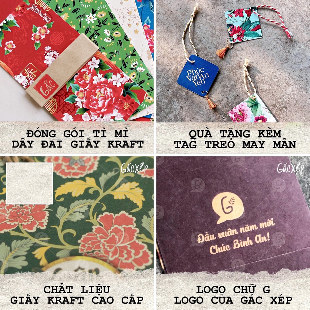 Set LÌ XÌ TẾT Phúc Vinh Khải Hoàn chữ vàng Ép kim, chất liệu giấy Kraft Nhật 6 chiếc/set