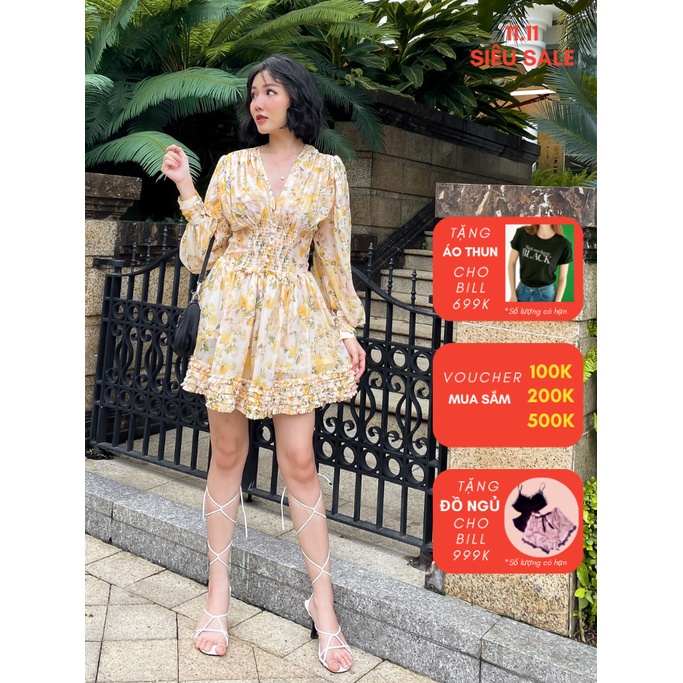 COCO SIN - Đầm Hoa Vàng Cổ V Nhún Ngực