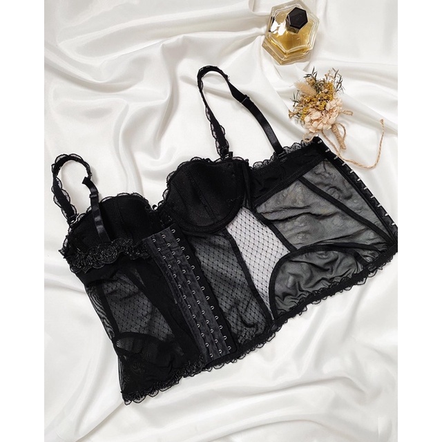 Áo corset ren đen lưới xuyên thấu 2hand