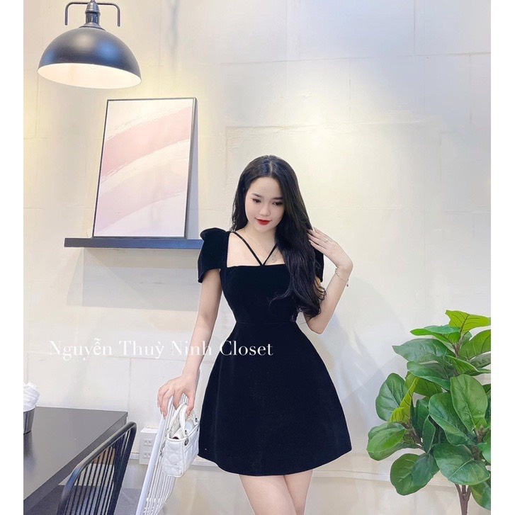 [12/12 Sale Fresship] Đầm chất nhung cổ vuông tay ngắn đi chơi dạo phối,đầm thời trang đi tiệc dáng xòe siêu xinh mtb