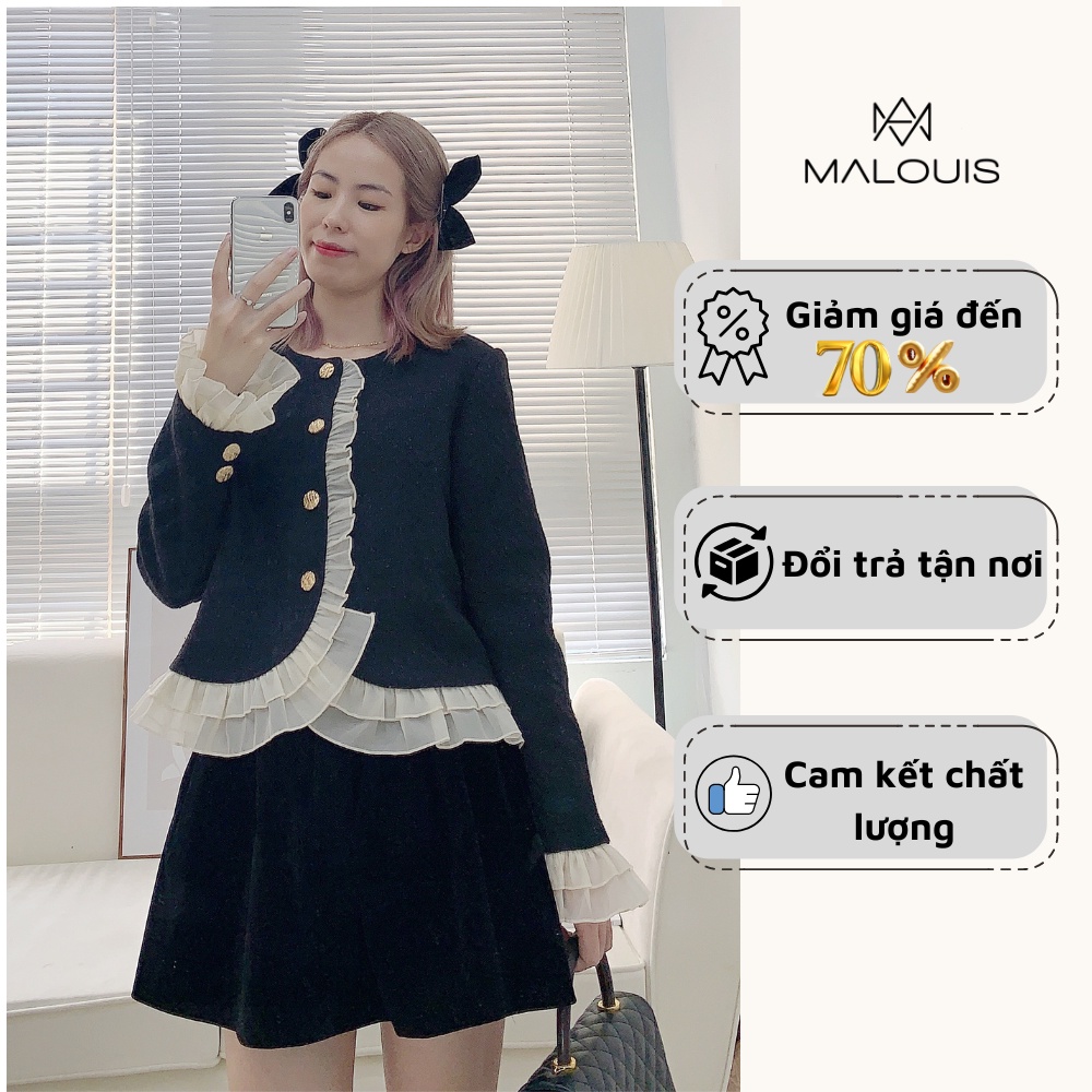 Áo croptop, áo dạ tweed tiểu thư màu đen, tay dài, phối ren, phong cách hàn quốc - T.DT22.203