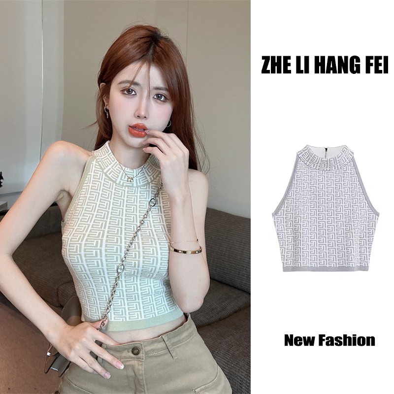 Áo ZHELIHANGFEI vải dệt kim không tay lưng cao quyến rũ thời trang cho nữ