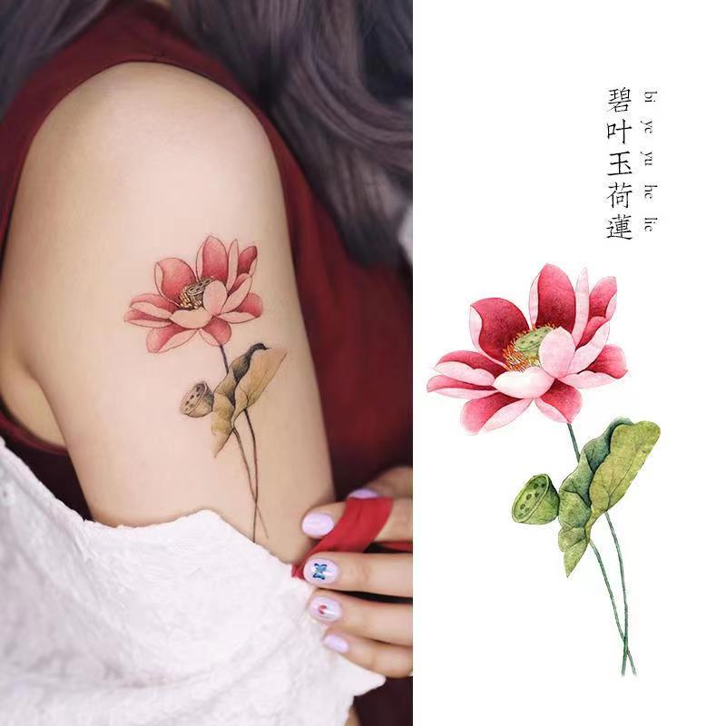 Hình Xăm Dán Tạm Thời Chống Nước Lâu Trôi Hình Hoa Sen 6.8 * 11.6cm